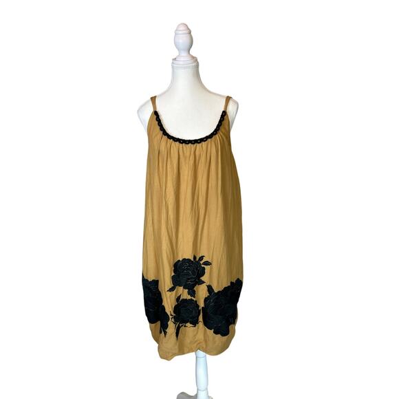 Tibi | Tan/Black Embroidered Balloon Hem Summer Dress | 8 - Picture 1 of 14
